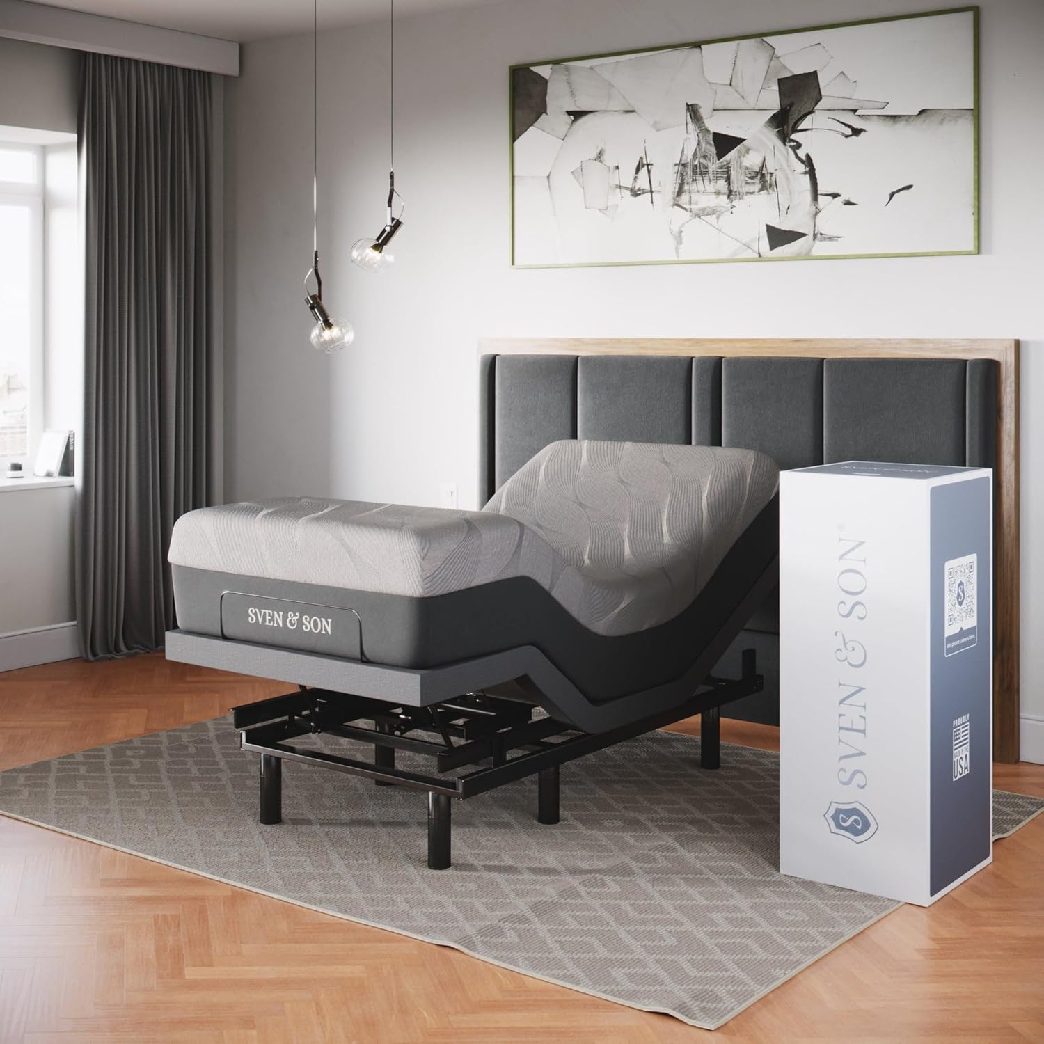 Sven & Son Classic Adjustable Bed Base. Head and Foot Lift. Massage. Under-Bed Lights. USB. Gel Memory. Zero Gravity Smart Frame - Split King + 14 inch Hybrid Spring Matt (Medium Soft)