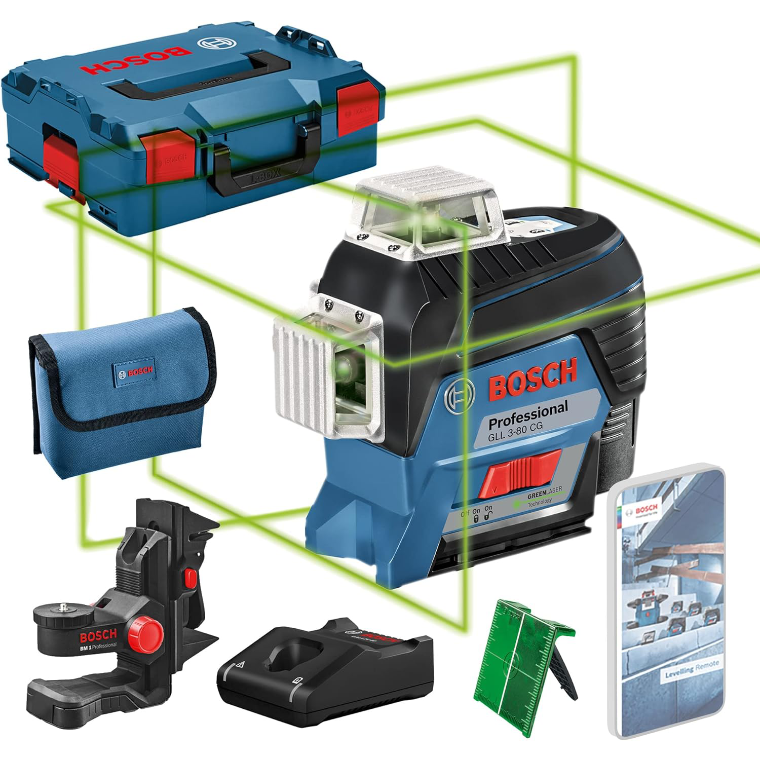 Bosch Professional 12V Line Laser System GLL 3-80 CG (2 x 12 V batteries. charger. green laser. with dedicated mobile app. support. range: up to 30 m. in L-BOXX)