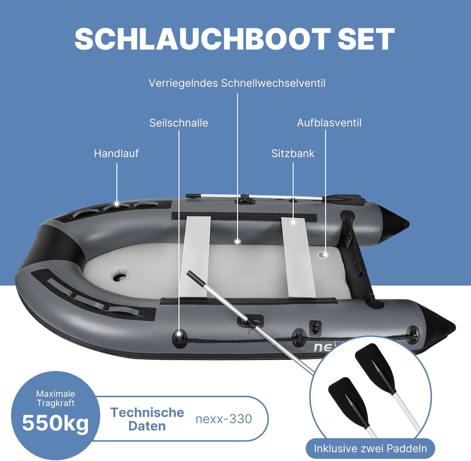 NEXX Professional Inflatable Boat 330 cm with Air Bottom with Carry Bag. 2 Paddles and Repair Kit Light Grey