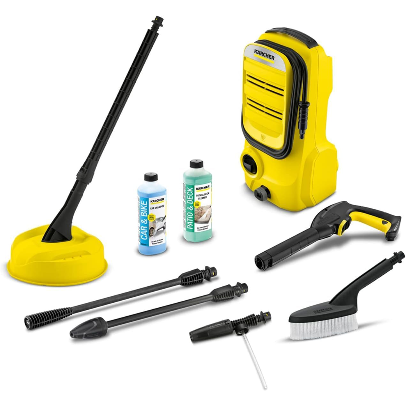 Kärcher Pressure Washer K 2 Compact Car & Home. pressure: 110 bar. flow rate: 360l/h. area: 20m²/h. water filter. weight: 3.74kg. high-pressure hose & gun. dirt blaster. spray lance. Home & Car kit