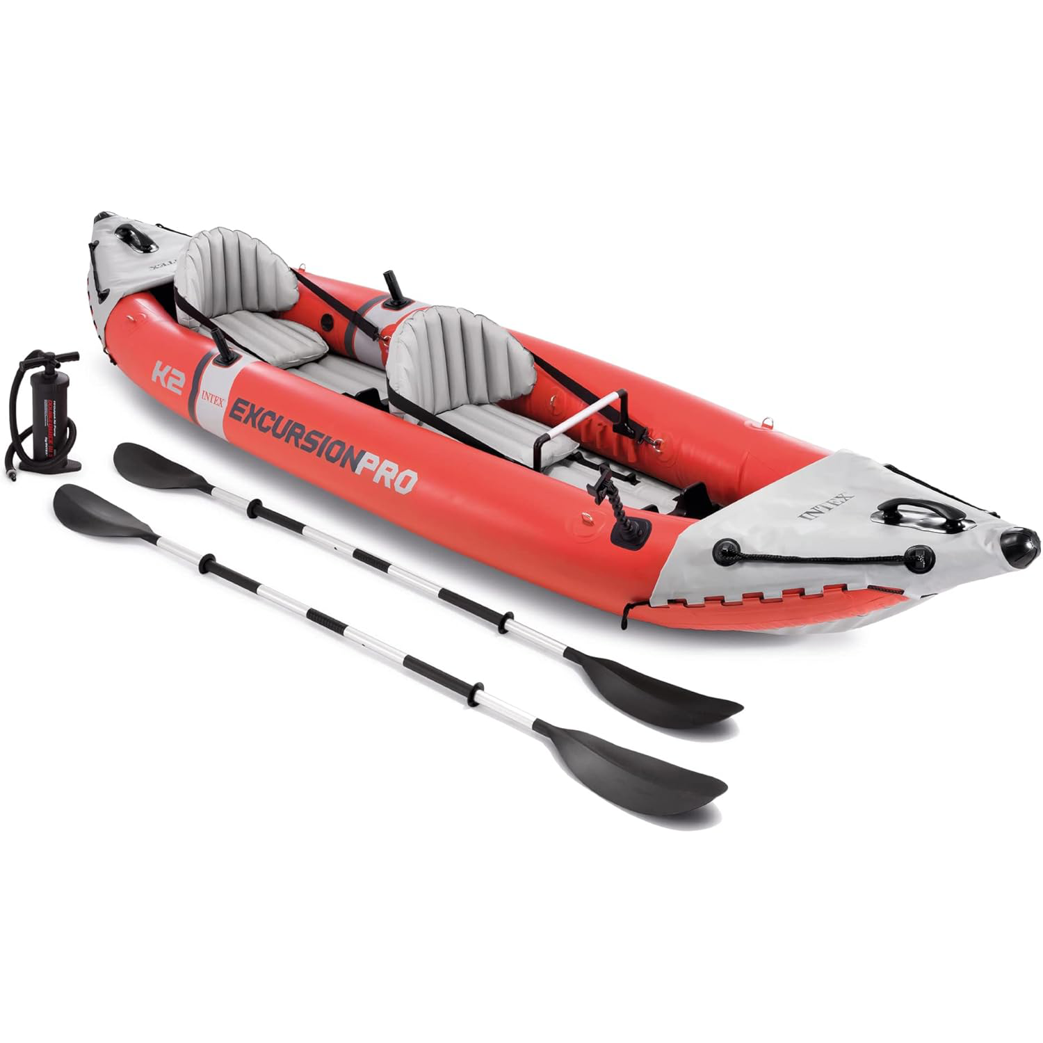 Intex 68309EP Excursion Pro K2 Inflatable Kayak Set: Includes Deluxe 86in Kayak Paddles and High-Output Pump – SuperTough PVC – Adjustable Bucket Seat – 2-Person – 400lb Weight Capacity