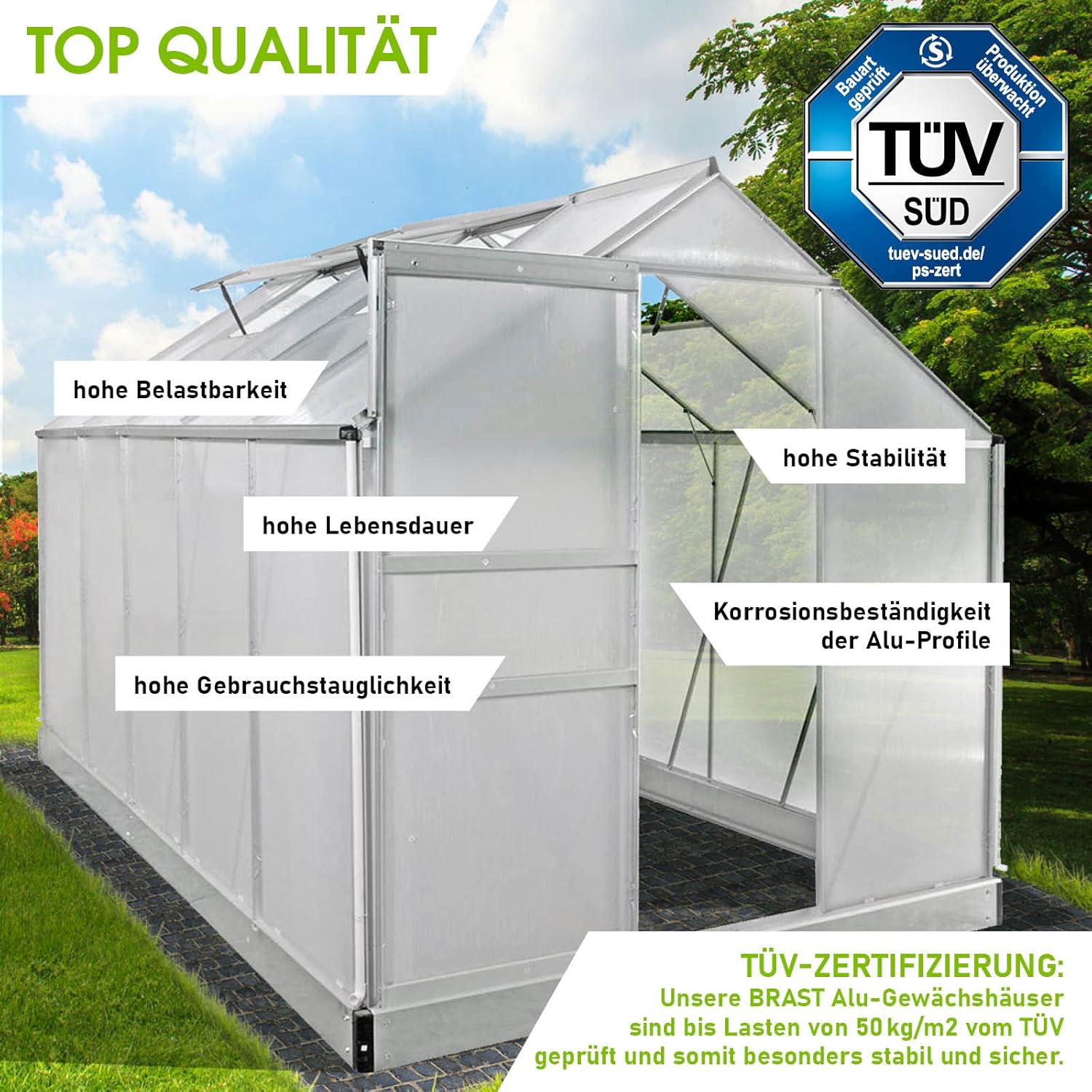 BRAST Greenhouse Aluminium with Base 310 x 190 x 195 cm TÜV Tested. 6 mm Hollow Chamber Panels. Rustproof. Weatherproof. Temperature-Resistant