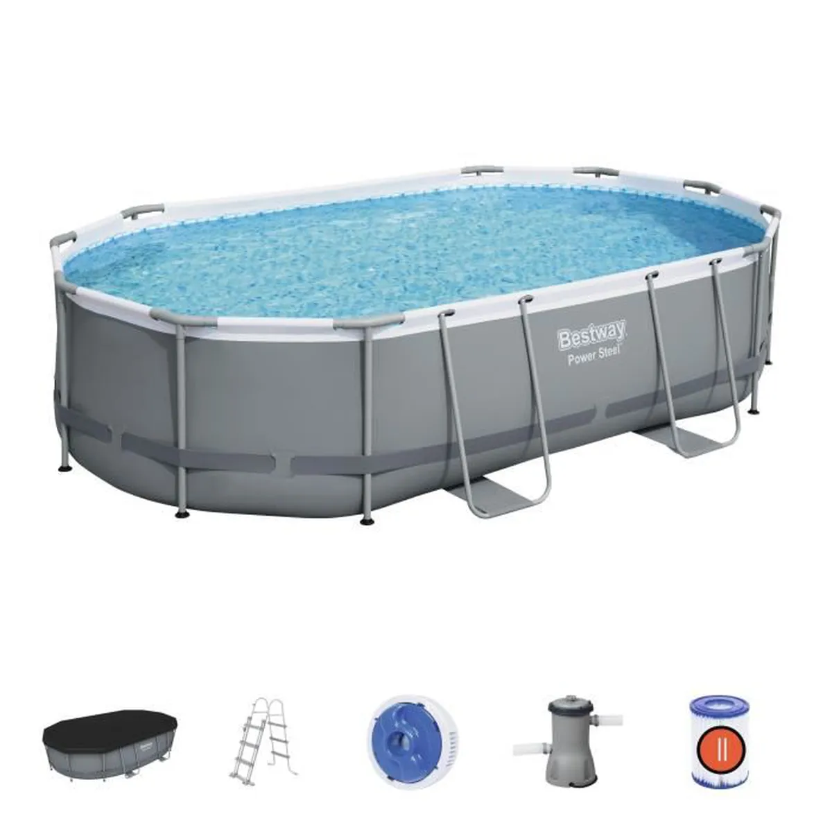 BESTWAY Above Ground Tubular Pool Kit - Power Steel™ - 488 x 305 x 107 cm - Oval (Comes with a ladder. a cover. a filter)