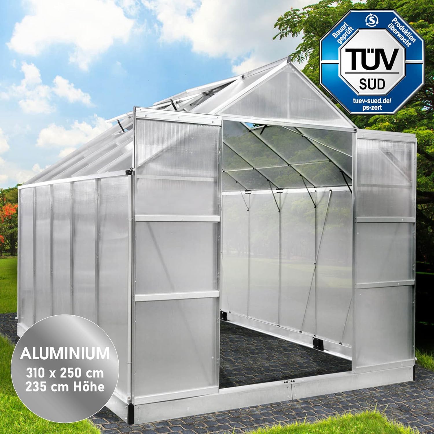 BRAST Aluminium Greenhouse with Base 310 x 250 x 235 cm. TÜV Tested. 6 mm Hollow Chamber Panels. Rustproof/Weatherproof/Temperature-Resistant