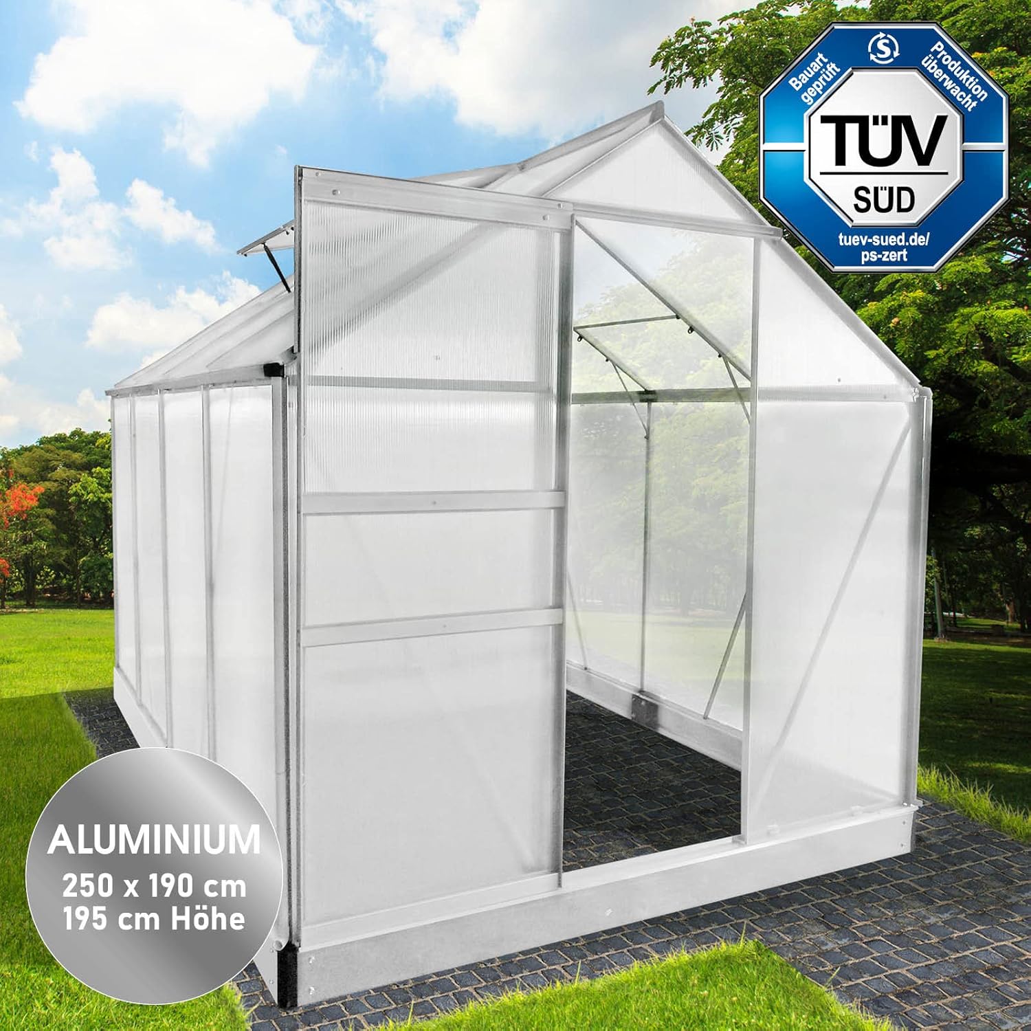 BRAST Aluminium Greenhouse with Base 190 x 190 x 195 cm. TÜV Tested. 6 mm Hollow Chamber Panels. Rustproof/Weatherproof/Temperature-Resistant