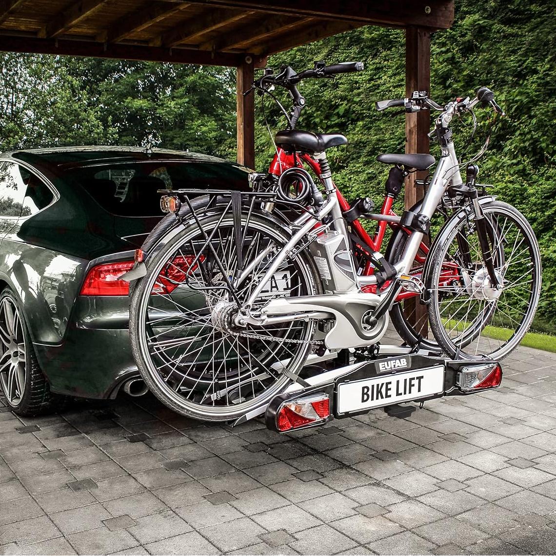 EUFAB 11535 Bicycle Carrier Bike Lift. Suitable for E-Bikes. Fully Pre-Assembled. Electric Lowering. Theft Protection. for 2 Bicycles. for Trailer Coupling. 135 x 74 x 74 cm