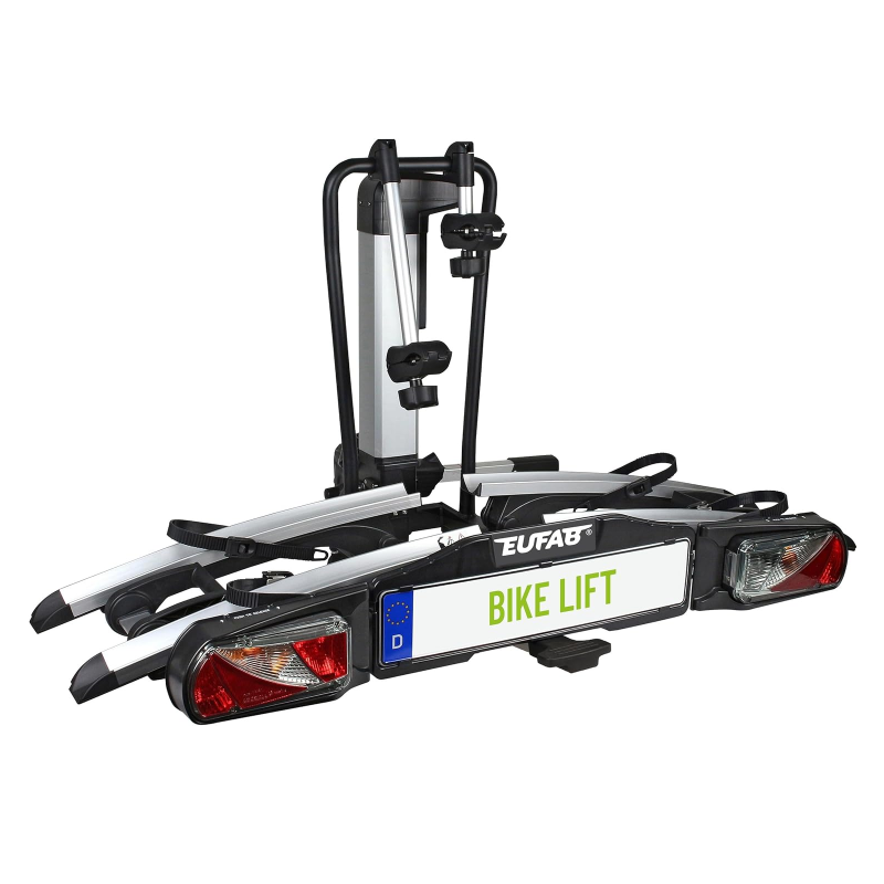 EUFAB 11535 Bicycle Carrier Bike Lift. Suitable for E-Bikes. Fully Pre-Assembled. Electric Lowering. Theft Protection. for 2 Bicycles. for Trailer Coupling. 135 x 74 x 74 cm