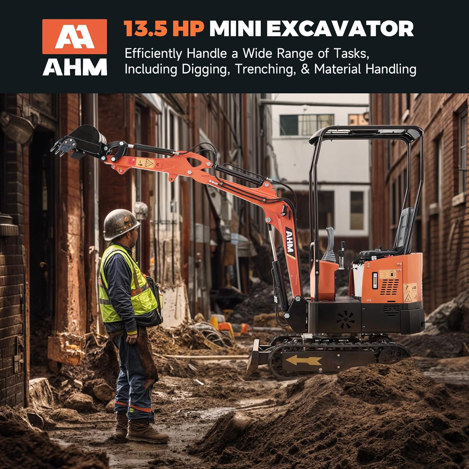 AHM Mini Excavator. 1 Ton Mini Digger with Hammer Auger Log Grapple Quick Hitch Grading Bucket & Rake Included. 13.5 hp Small Crawler Machine with Rain Canopy for Home Garden Farm Park Roadway Digging