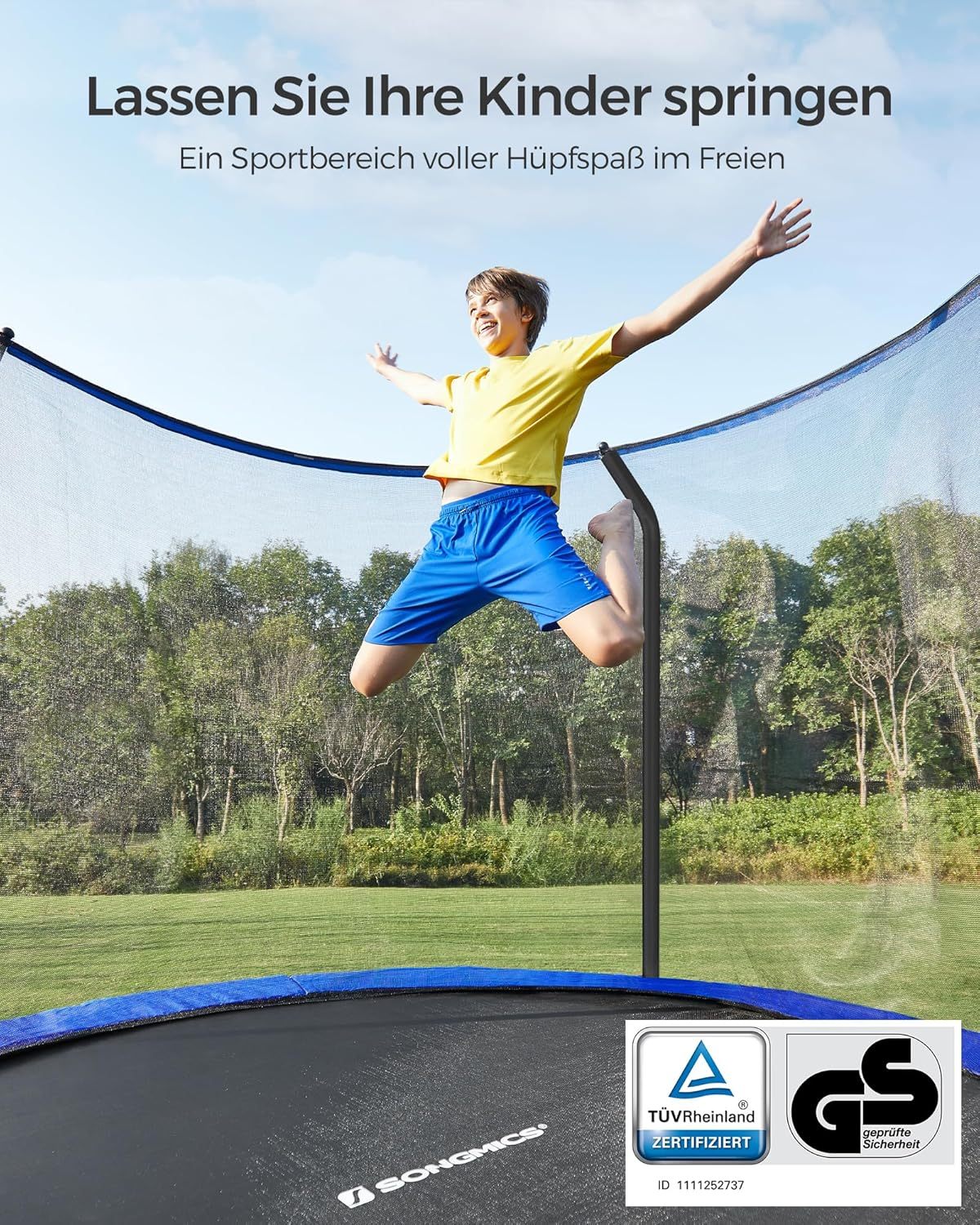 SONGMICS Outdoor Trampoline Ø 427 cm. Round Garden Trampoline with Safety Net and Ladder. Edge Cover. Padded Frame. for Childre
