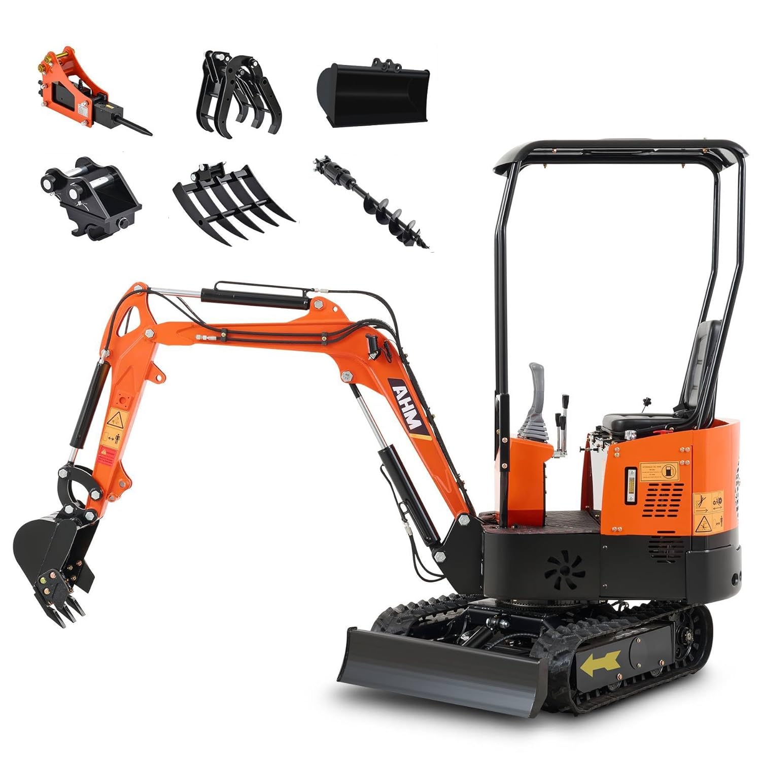 AHM Mini Excavator. 1 Ton Mini Digger with Hammer Auger Log Grapple Quick Hitch Grading Bucket & Rake Included. 13.5 hp Small Crawler Machine with Rain Canopy for Home Garden Farm Park Roadway Digging