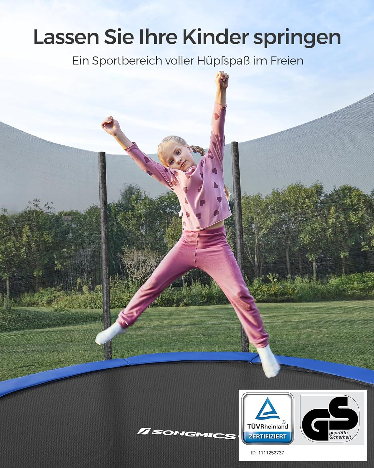 SONGMICS Outdoor Trampoline Ø 244cm. Round Garden Trampoline with Safety Net. Ladder and Padded Poles