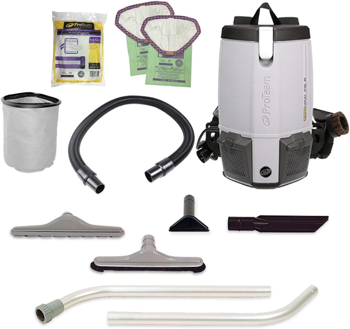 Proteam Backpack Vacuums. ProVac FS 6 Commercial Backpack Vacuum with HEPA Media Filtration and Restaurant Tool Kit. 6 Quart. Corded
