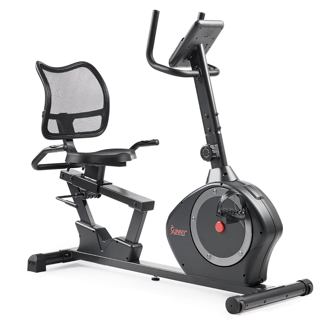 Sunny Health & Fitness Smart Heavy-Duty Recumbent Bike w/Wide Cushioned Seat & Back. Indoor Cycling Machine for Adult/Seniors Home Exercise. Free SunnyFit App Connect. Optional Workout Training Bands