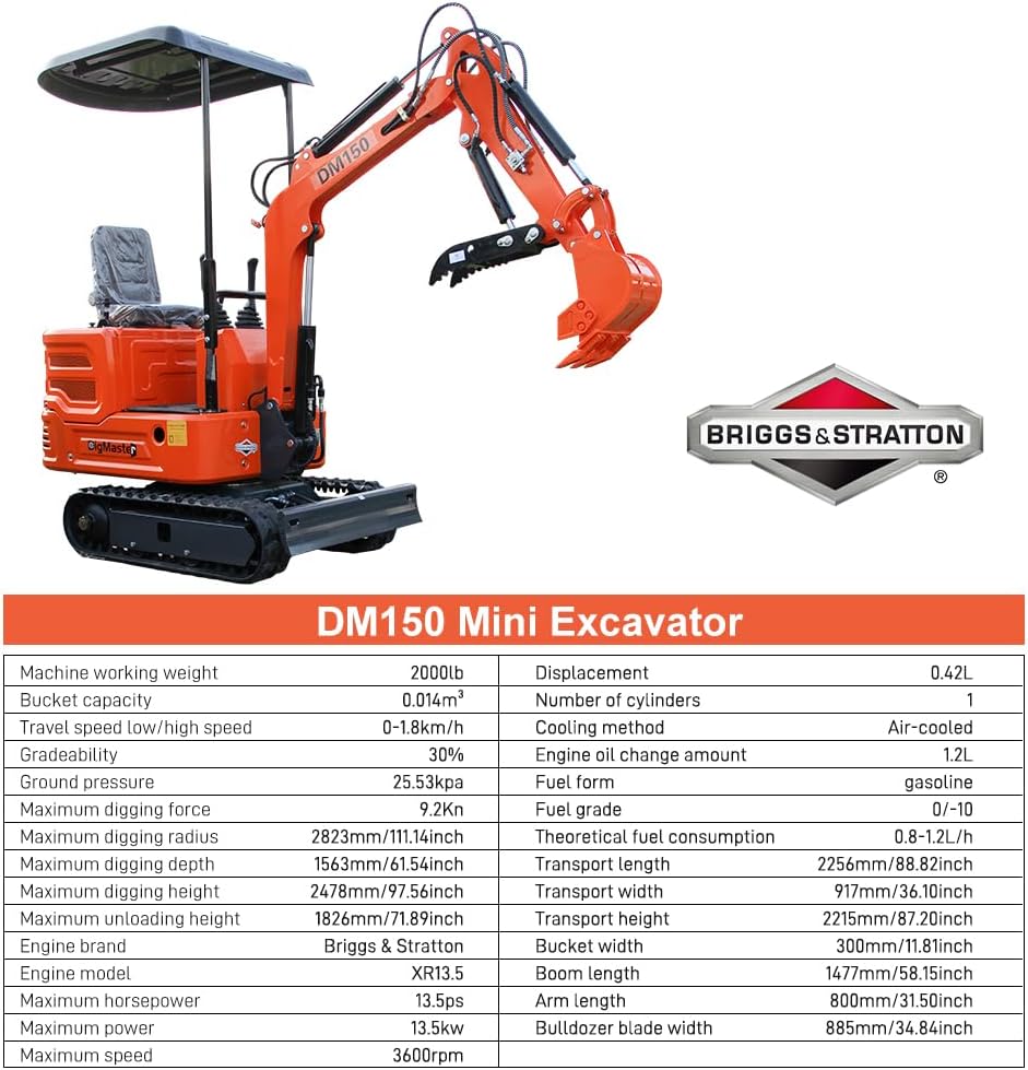 2.000 lbs Mini Crawler Excavator Hydraulic Thumb Canopy B&S Engine EPA for Garden. Farm. Park. Road Micro Digger USA Stock