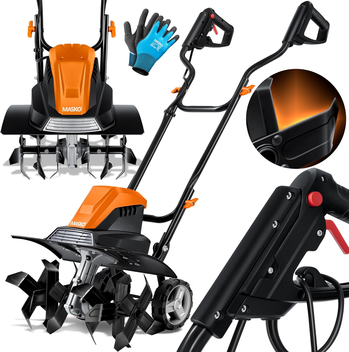 MASKO Electric tiller 1500 Watts | 45cm Working Width. 20cm Working Depth | Weeder | Strawberry Tiller | Cultivator | Garden Milling Machine | Electric hoe. Orange