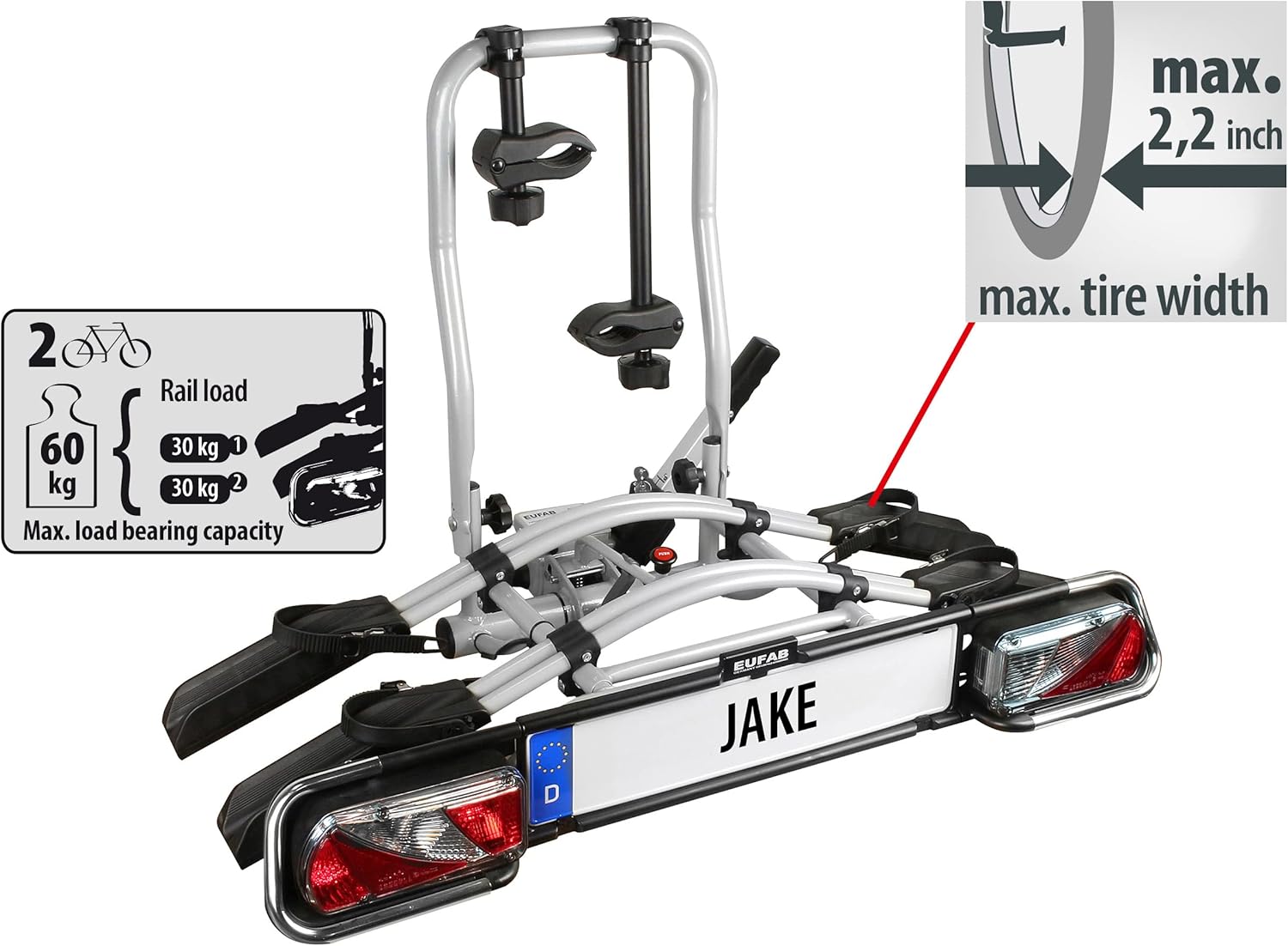 EUFAB Jake 11510 Bicycle Carrier. Suitable for E-Bike. Partially Pre-Assembled. Expandable. Anti-Theft Protection. for 2 Bikes. for Trailer Coupling