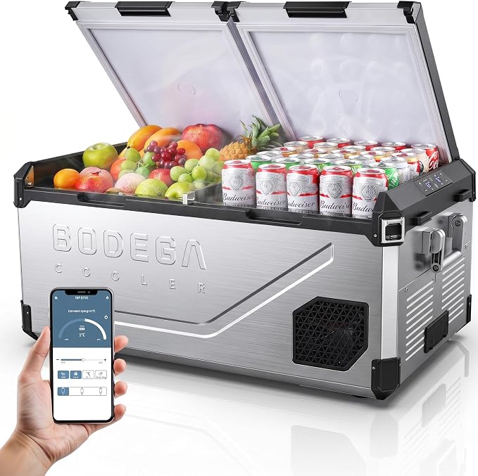 BODEGACOOLER Dual Zone Portable Fridge. 79QT(75L) Steel 12V Car Refrigerator. -4℉~68℉ Electric Cooler for Vehicles. Truck. RV. Camping. Travel and Home Use-12/24V DC & 110V-240V AC