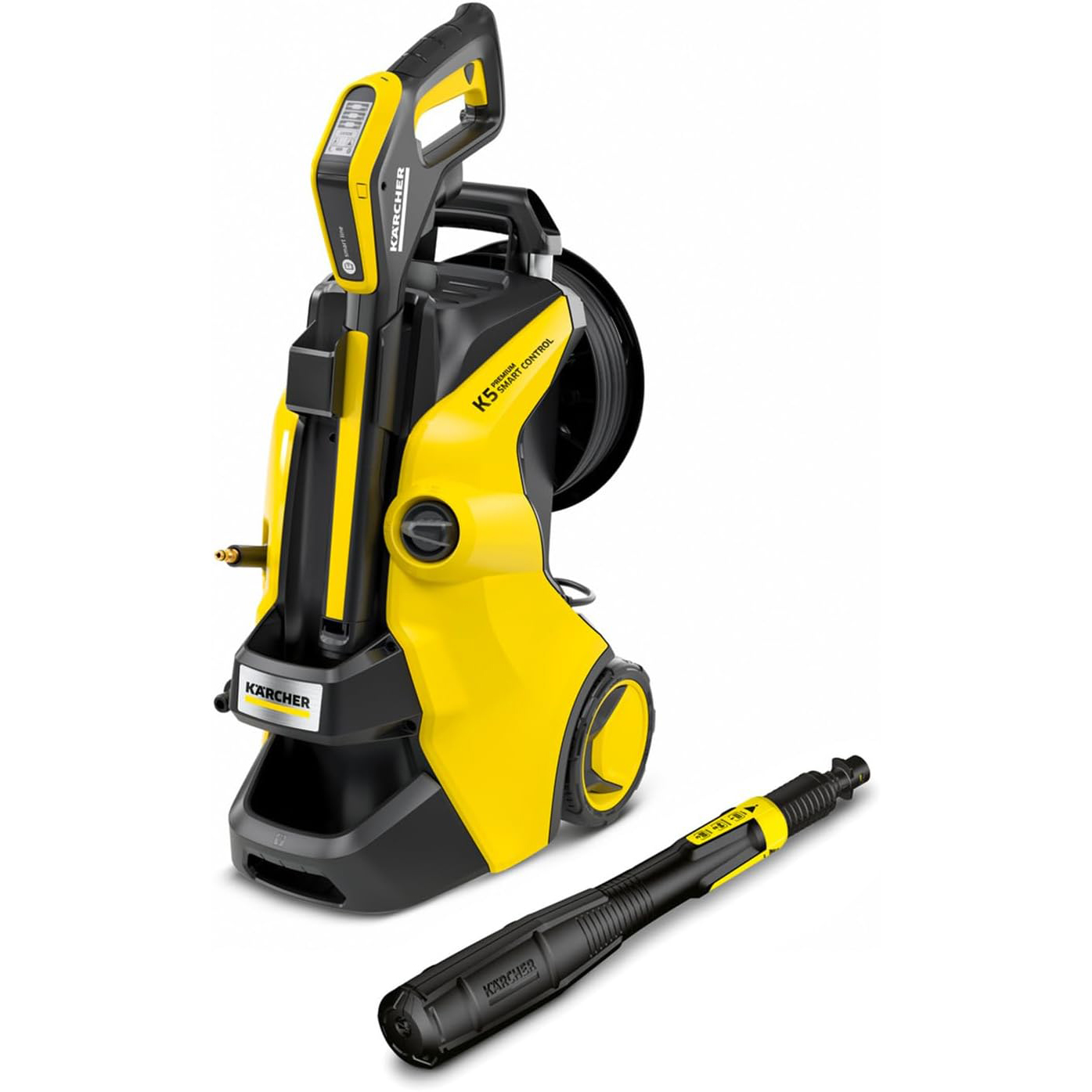 Kärcher K 5 Premium Smart Control Pressure Washer. Pressure: max. 145 bar. Flow Rate: 500 l/h. Area: 40 m²/h. Water Filter. Weight: 13.9 kg. high-Pressure Hose and Gun. Multi Jet Spray Lance