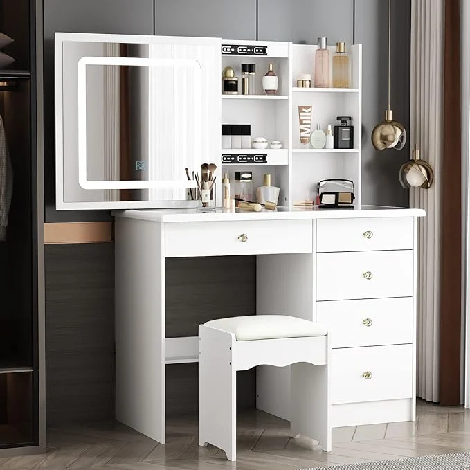 Vanity Stool Set With Sliding Lighted Mirror & Transparent glass panel
