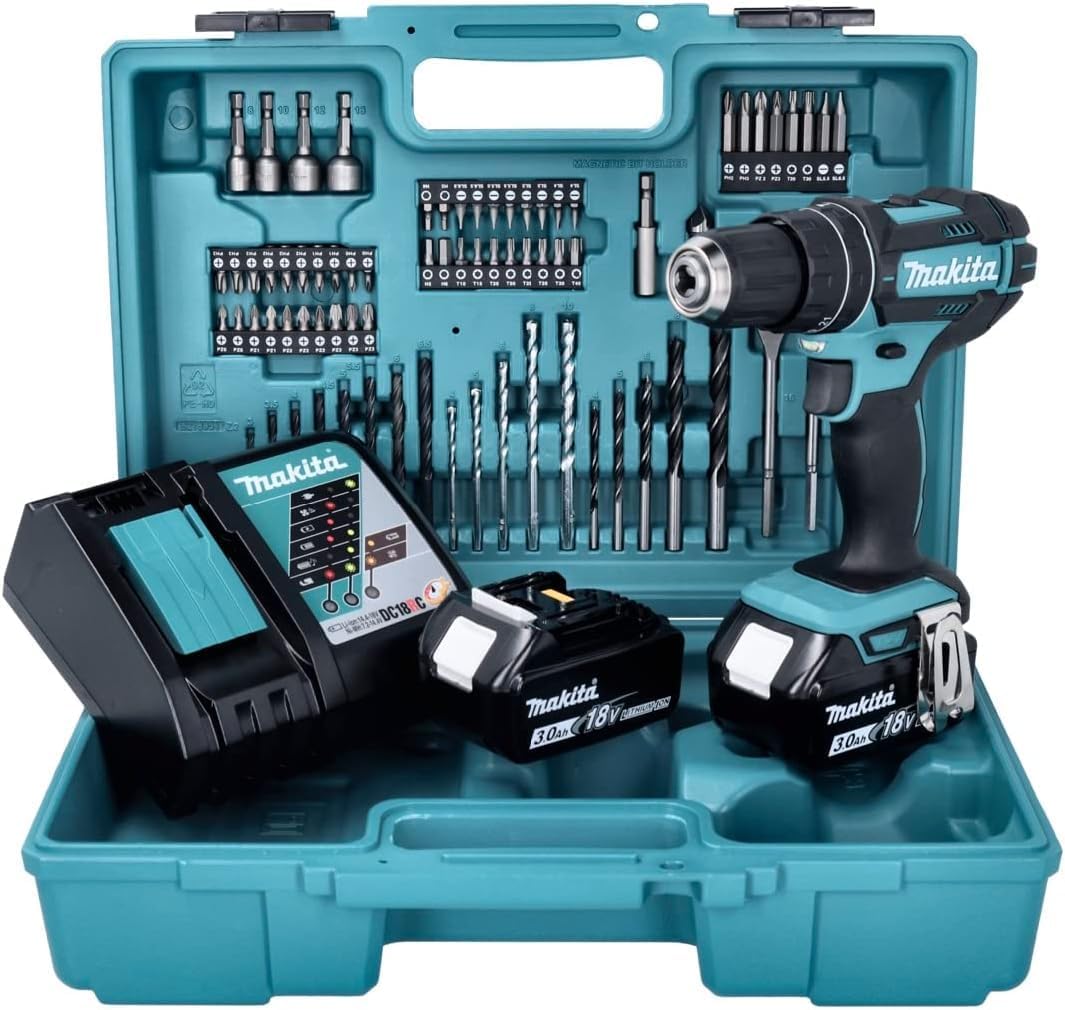 Makita DHP 482 RTX1W Akku Schlagbohrschrauber 18 V 62 Nm + 2x Akku 5.0 Ah + Ladeger?t + 74 tlg. Zubeh?rset + Koffer