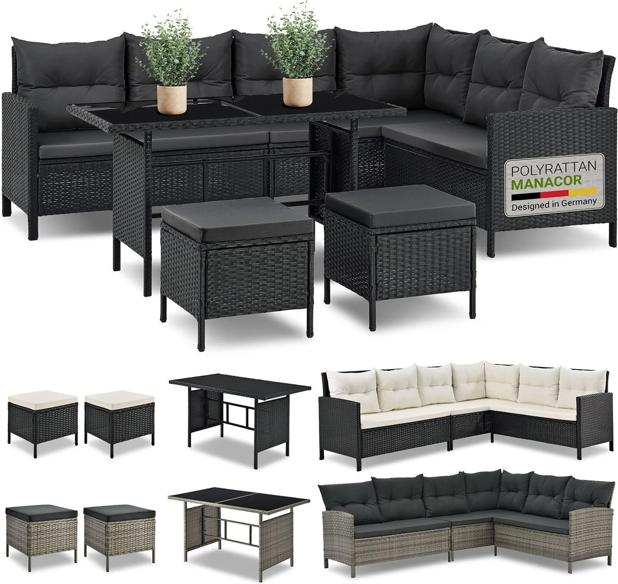 Juskys Polyrattan Lounge Manacor - Sofa. Tisch. Hocker & Kissen - Schwarz & Grau