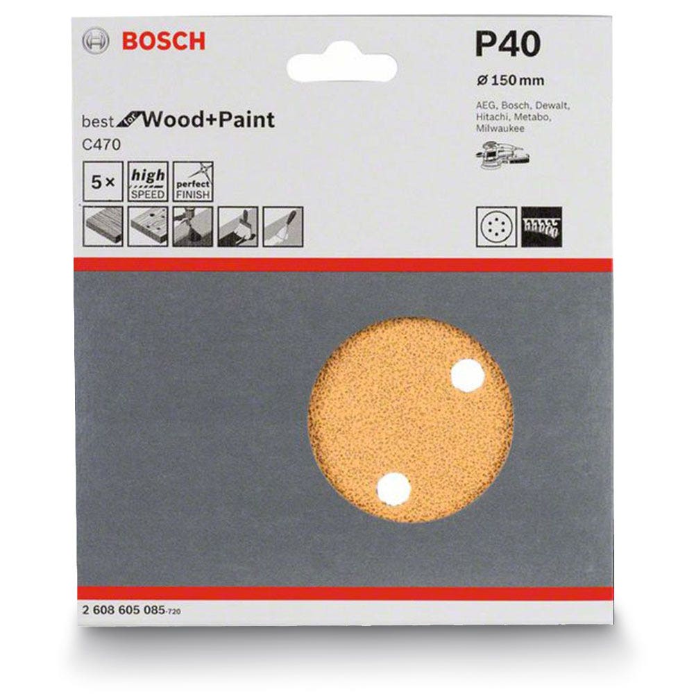BOSCH 150mm 40-Grit 6-Hole Hook & Loop Sanding Disc for Wood & Paint - C470 - 5 Piece