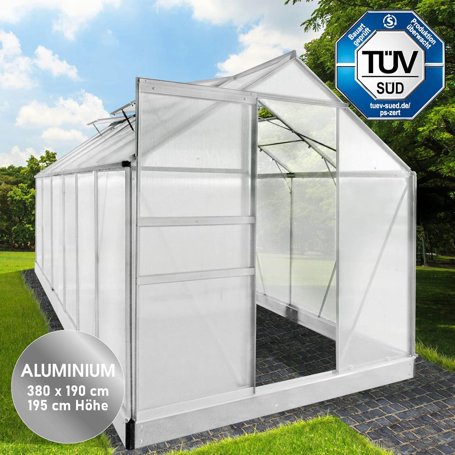 BRAST Aluminium Greenhouse with Base 380 x 190 x 195 cm. TÜV Tested. 6 mm Hollow Chamber Panels. Rustproof/Weatherproof/Temperature-Resistant