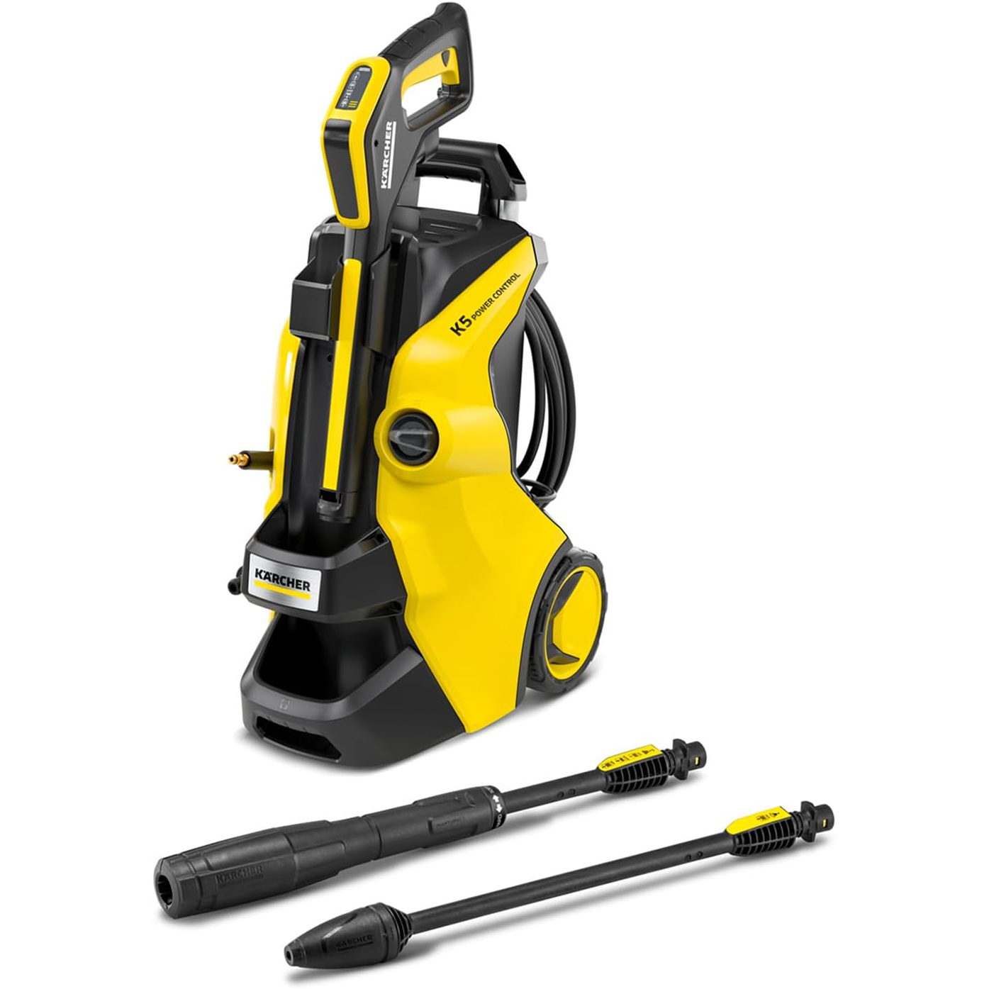 Kärcher K 5 Power Control Pressure Washer. pressure: max. 145 bar. flow rate: 500 l/h. area coverage: 40 m²/h. water filter. weight: 13 kg. high-pressure hose and gun. dirt blaster. spray lance