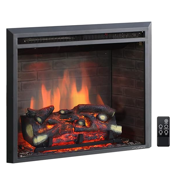 PuraFlame Western Electric Fireplace Insert with Fire Crackling Sound. Remote Control. 750/1500W. Black. 22 53/64 Inches Wide. 20 3/64 Inches High