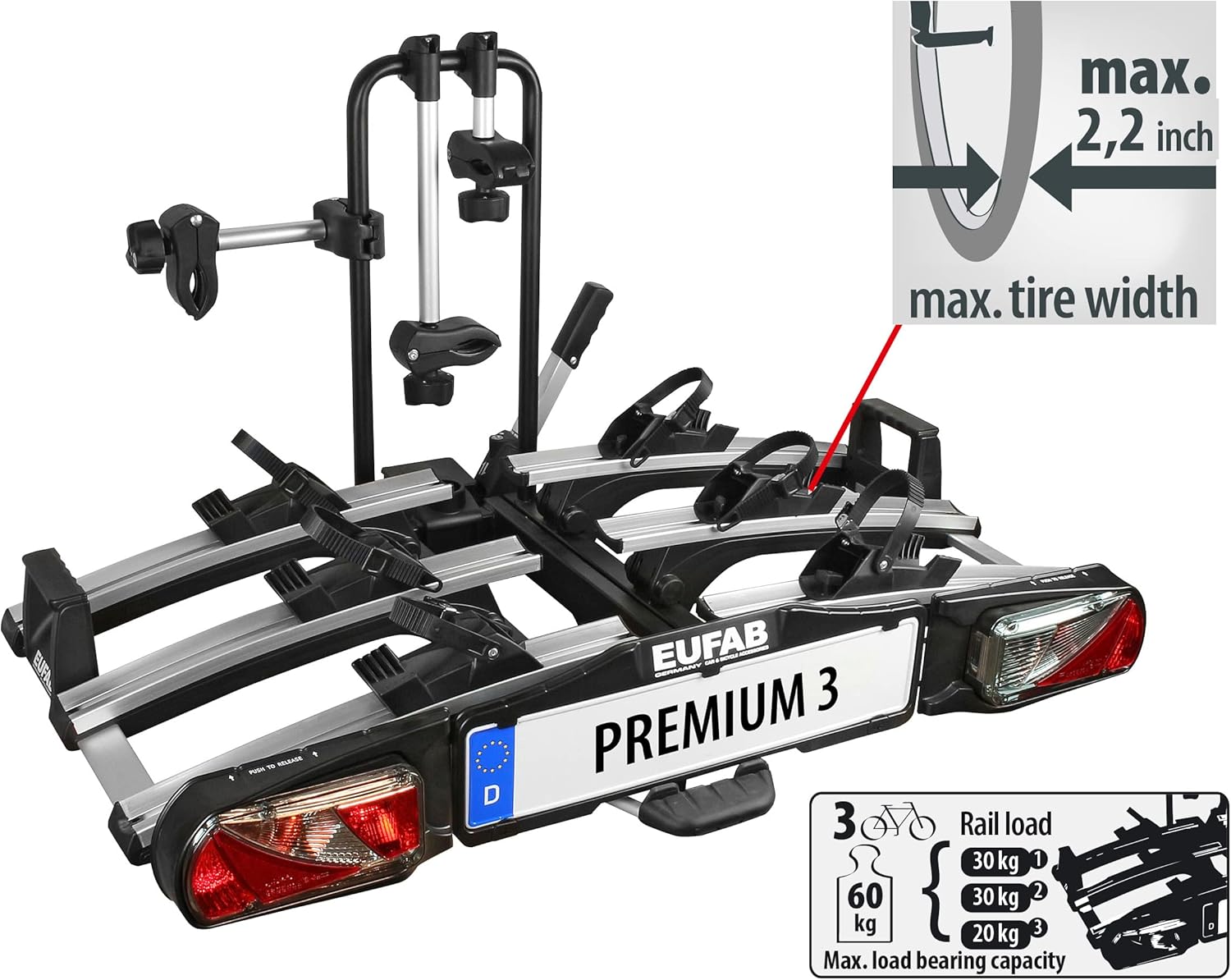 EUFAB 11522 Premium 3 Bicycle Carrier for Towing Hitch. Foldable. for 3 Bicycles
