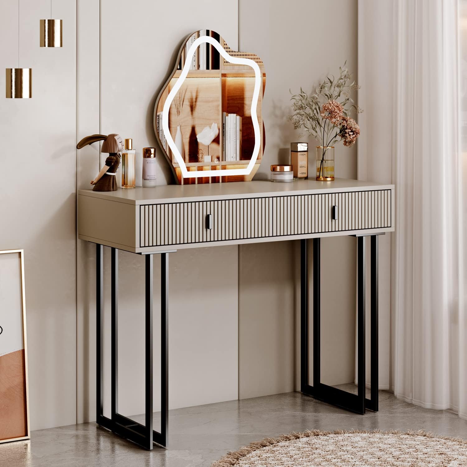 leejdn Dresser with 3 Color Touch Screen Dimming Mirror. Modern Makeup Dresser with Adjustable Cabinets and 4 Sliding Drawers. Powder Room. Bedroom Dresser Set