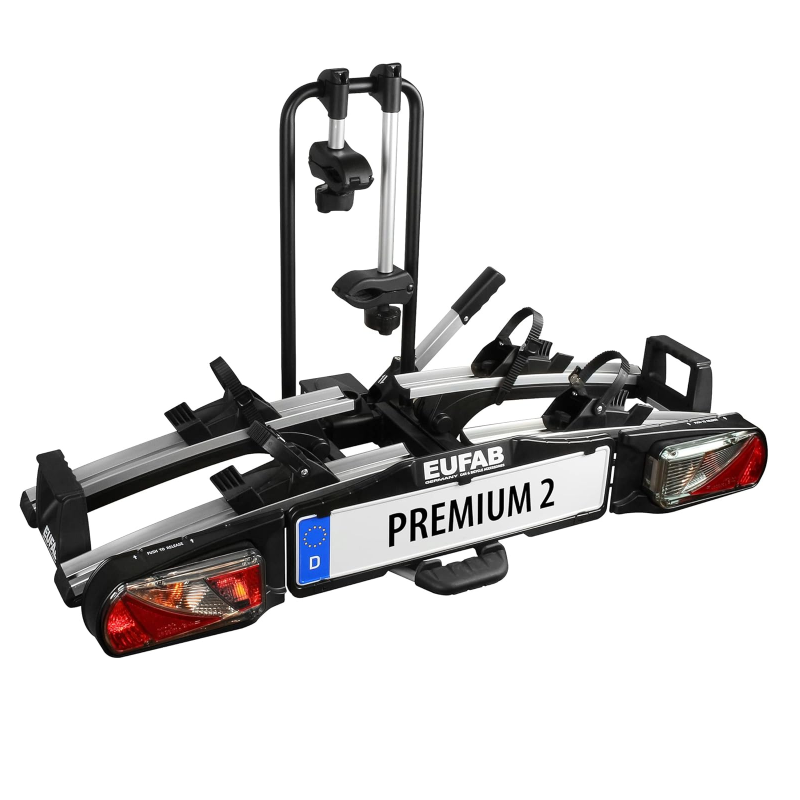 EUFAB 11521 Premium 2 Bicycle Carrier. Suitable for E-Bikes. Completely Pre-Assembled. Anti-Theft Protection. for 2 Bicycles. for Towing Hitch. Black. Silver