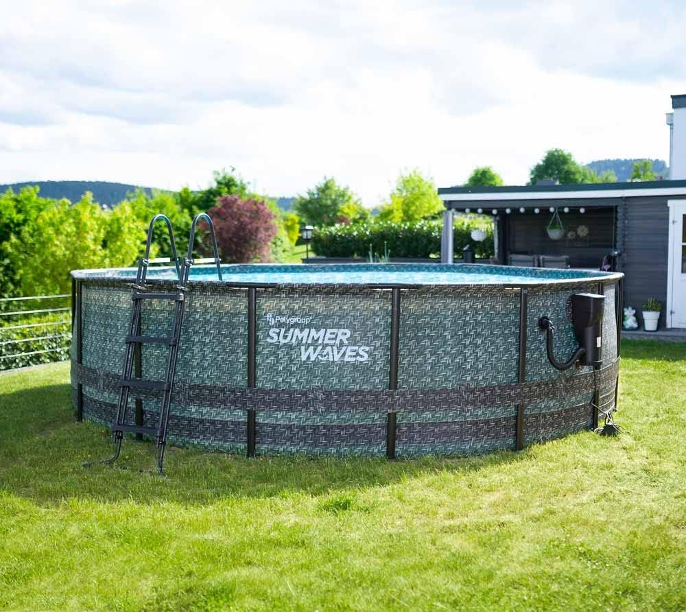 Summer Waves Frame Pool Complete Set | Round 488 x 122 cm Rattan Look Grey