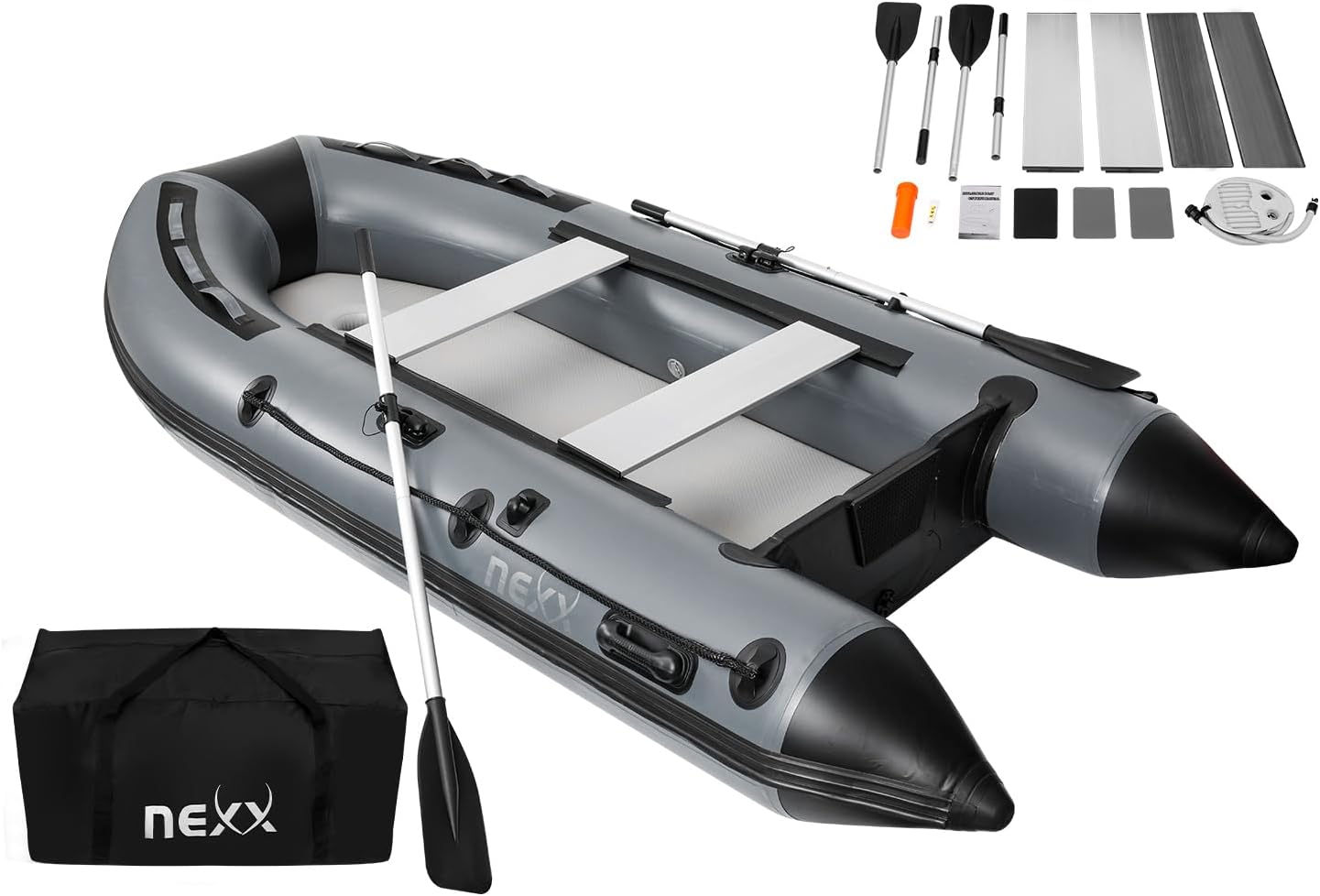 NEXX Professional Inflatable Boat 330 cm with Air Bottom with Carry Bag. 2 Paddles and Repair Kit Light Grey