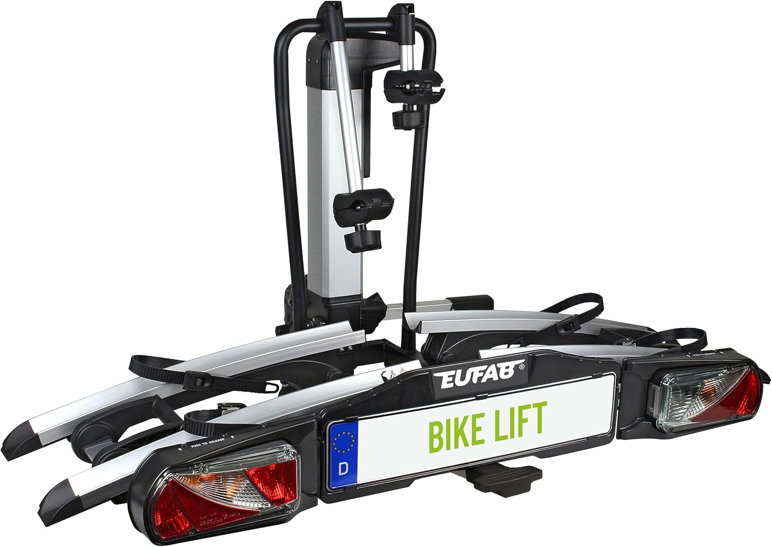 EUFAB 11535 Fahrradtr盲ger BIKE LIFT. E-Bike geeignet. komplett vormontiert. elektrische Absenkung. Diebstahlschutz. f眉r 2 Fahrr盲der. f眉r Anh盲ngerkupplung. 135x74x74cm